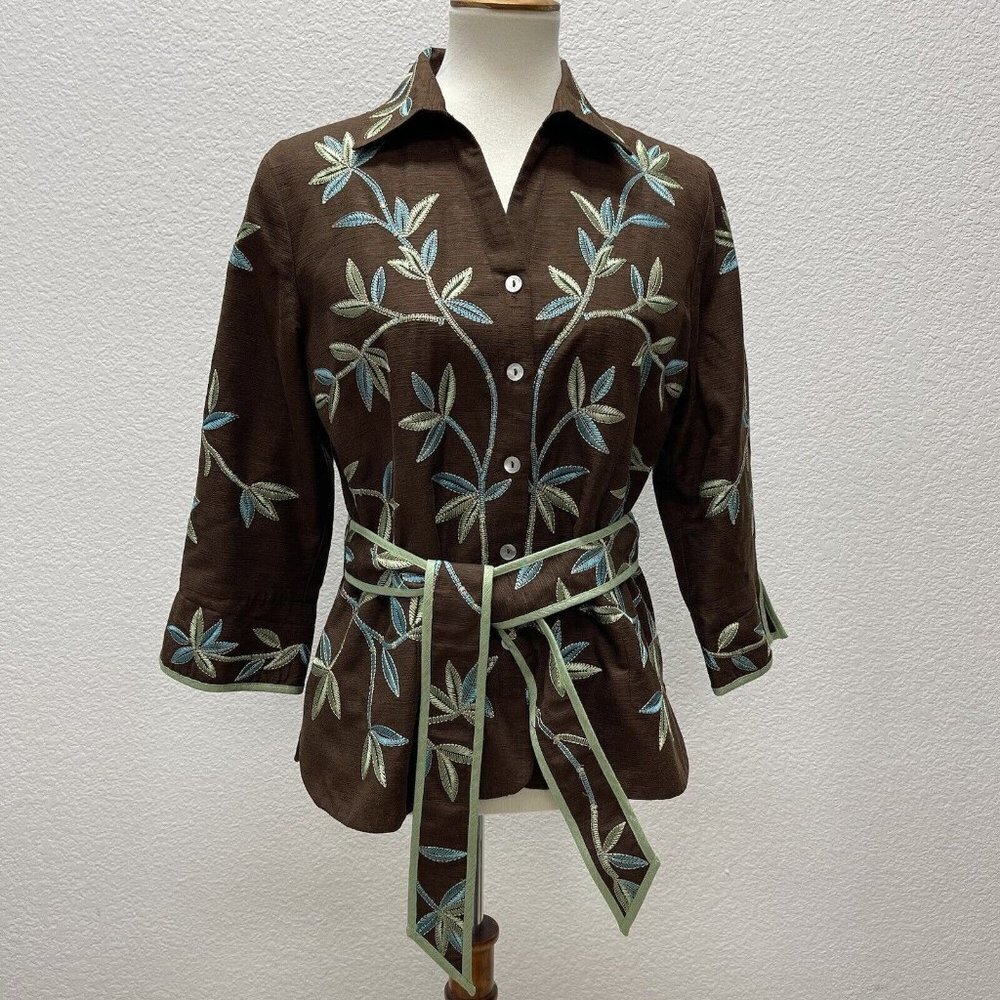 SilkLand Shirt Jacket Womens Medium M Embroidered Button Up Brown Floral